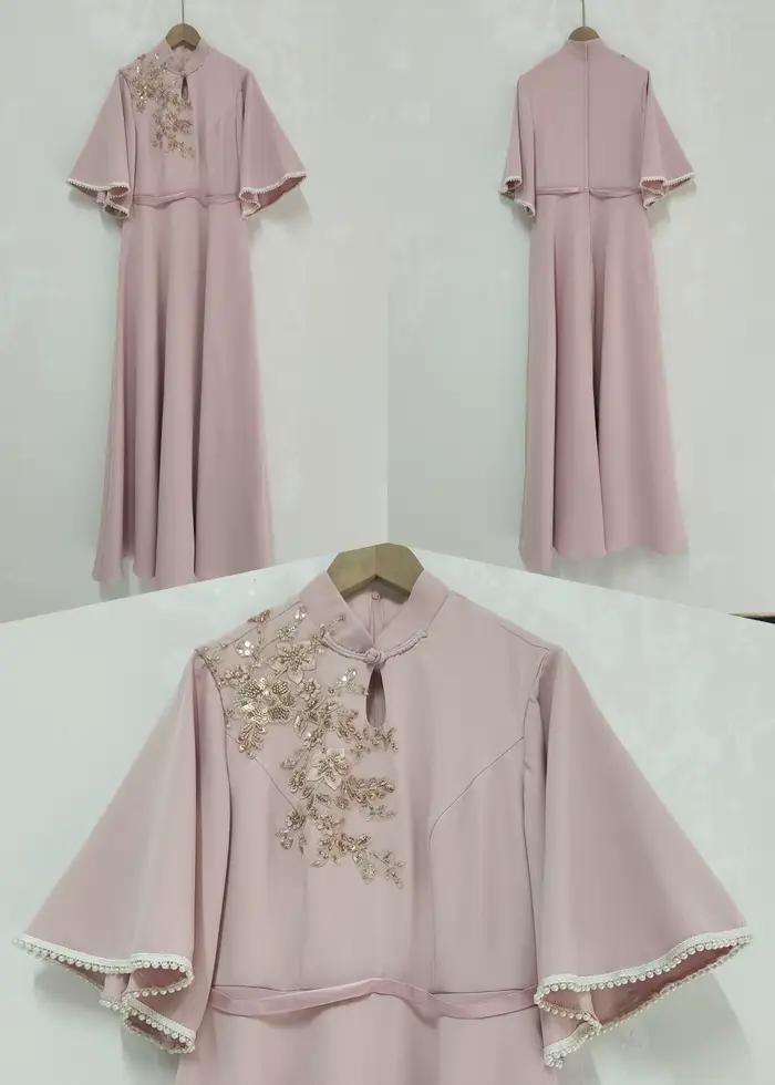 C'est Yiiya robe de soirée personnalisée kaki modeste col haut demi manches a-ligne longueur de plancher grande taille