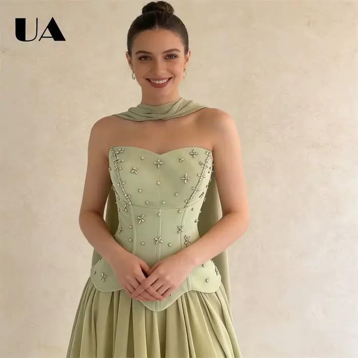 Robe de bal sans bretelles en satin vert sauge pour femmes corsage corset orné cape détachable soirée mousseline de soie occasions spéciales