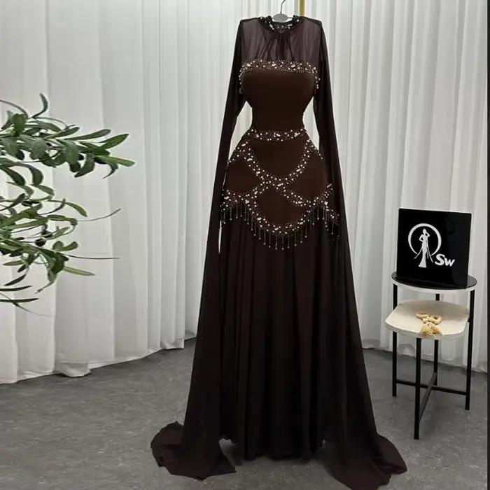 Robe de soirée formelle marron élégante avec perles et paillettes pour femmes, longueur au sol, soirée officielle, mariage, gala de charité
