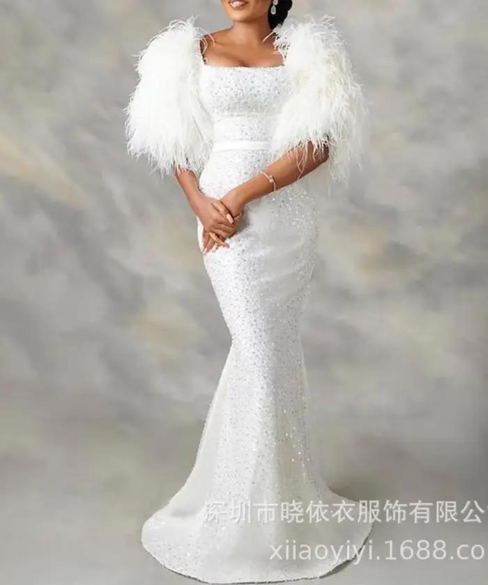 Robe longue en plumes taille haute pour femmes