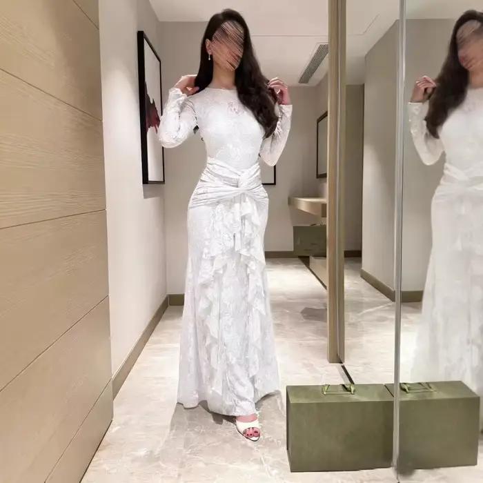 Robe longue en dentelle transparente vert sauge pour femme