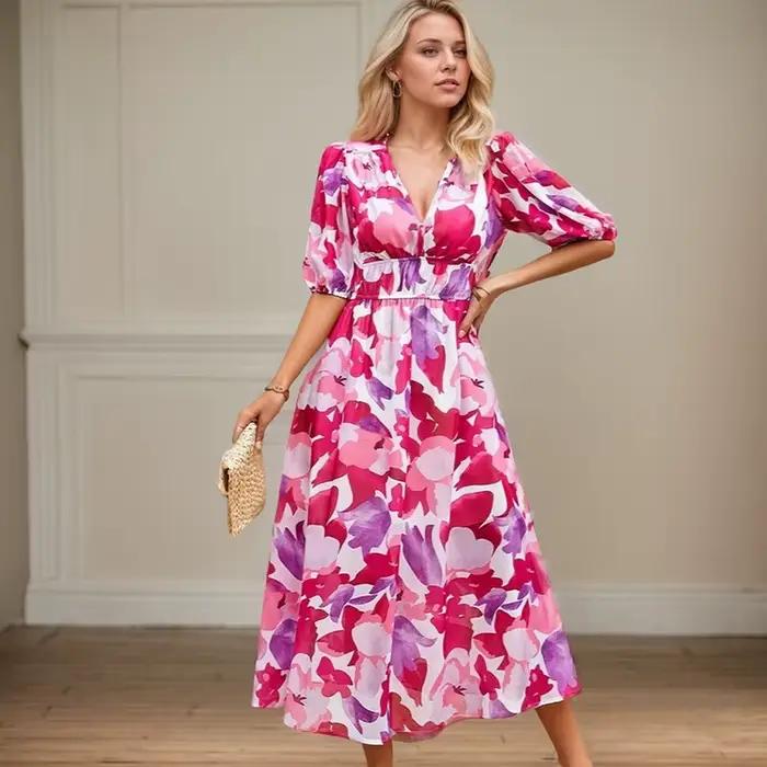 Robe Longue en Mousseline de Soie à Manches Lanternes pour Femme