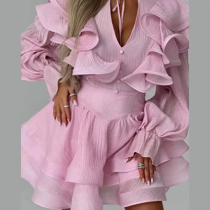 Robe Courte Femme à Volants Col V avec Nœud à la Taille Manches Bouffantes Ourlet Superposé