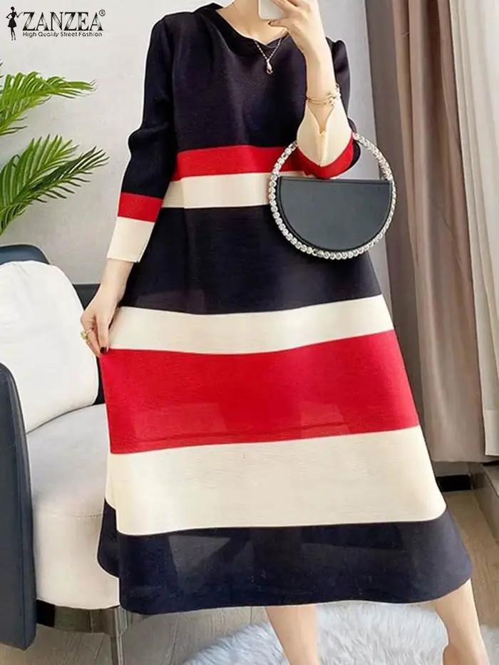 Robe mi-longue rayée à col rond pour femmes