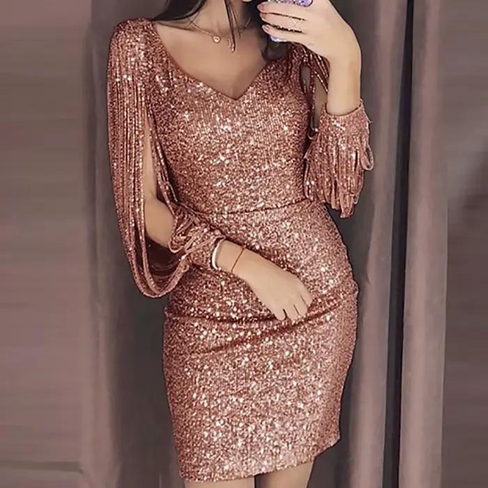 Robes pour invités de mariage enfants femmes longues brillantes Mini manches à paillettes couture solide robe Sexy Club pла Heiе жokubе летнее