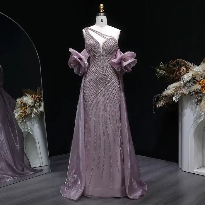 Robe de soirée Sharon Said Dubai rouge à une épaule avec manches bouffantes et perles شارون سعيد