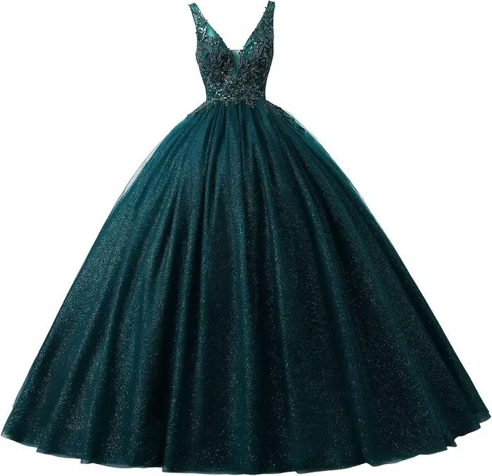 Robe de bal élégante vert foncé à col en V