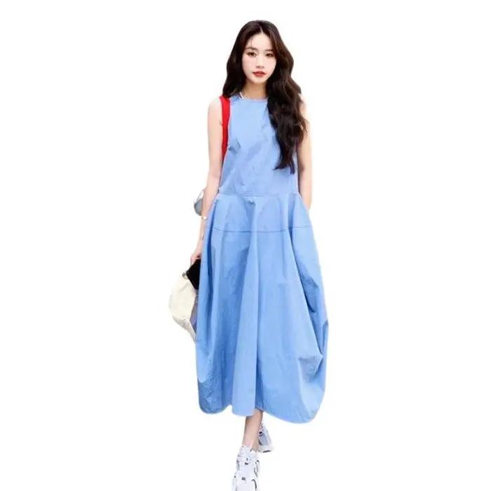 Robe longue bleue style vacances à la française pour femme