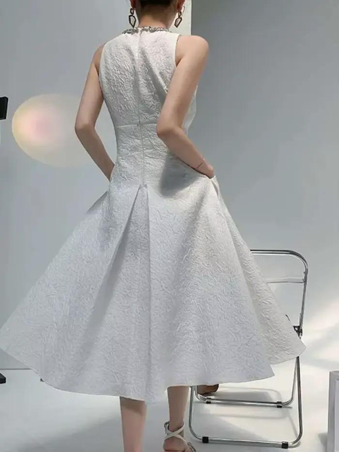 DEAT Robe Midi Femme Col Rond Sans Manches Taille Empire Style Vintage