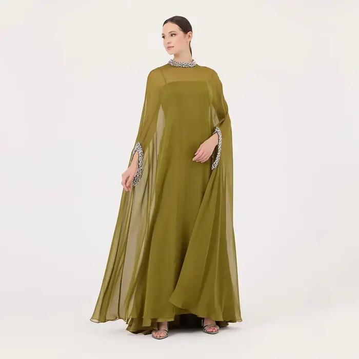 Robe de mère de la mariée élégante en mousseline avec cristal, silhouette en ligne, veste intégrée, pour mariage et soirées formelles