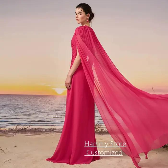 Robe de soirée en mousseline de soie fuchsia col rond personnalisé sans manches avec perles robe de bal de fin d année soirée élégante à offrir femmes occasions spéciales