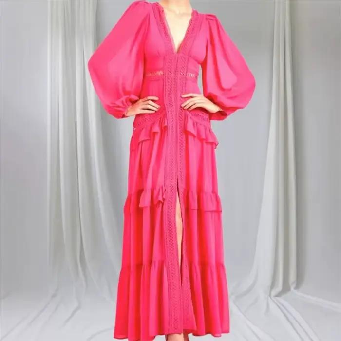 Mode élégance femmes longue robe Maxi 2025 dentelle profonde col en v manches longues couches bords à volants robes de