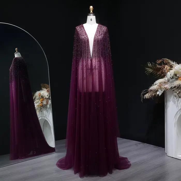 Sharon Said élégant noir perlé Cape robe de soirée avec balayage étage arabe pour les femmes