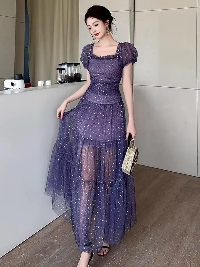 Robe de soirée en maille violette pour femme