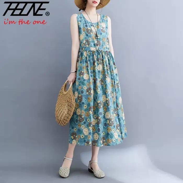 Robes De Mujer robe d'été pour femmes imprimé fleuri coton lin rétro nouveau pull sans manches a-ligne longue