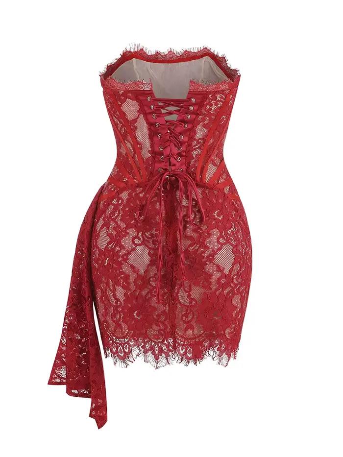 VC robe de noël pour femmes dentelle rouge Sexy bretelles sans manches mince dîner