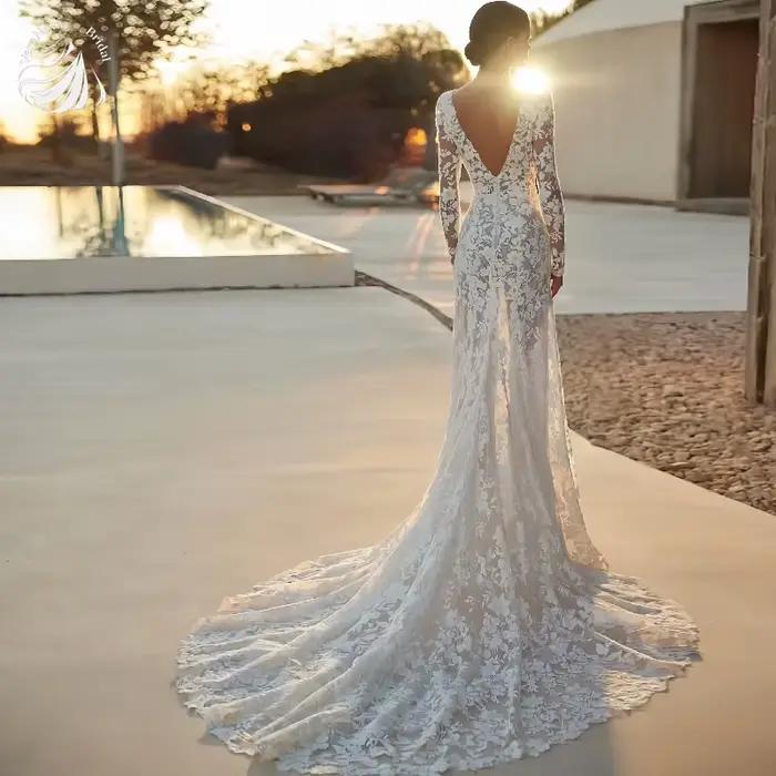 Robe de mariée personnalisée dentelle Sexy Semi-transparente