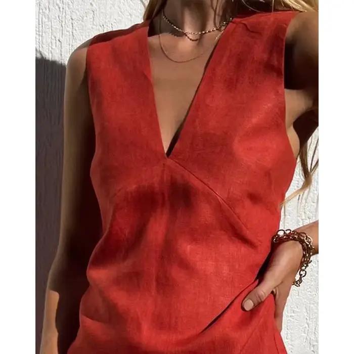 Robe en viscose et lin pour femmes, col en V, sans manches, élégante et décontractée, idéale pour les soirées estivales et les occasions spéciales