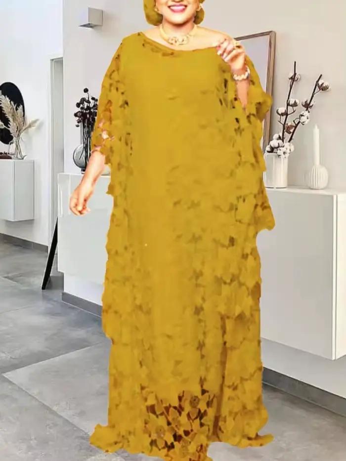 Femmes Robe en dentelle ample fête longue avec doublure col rond poignet manches chauve-souris mode confortable
