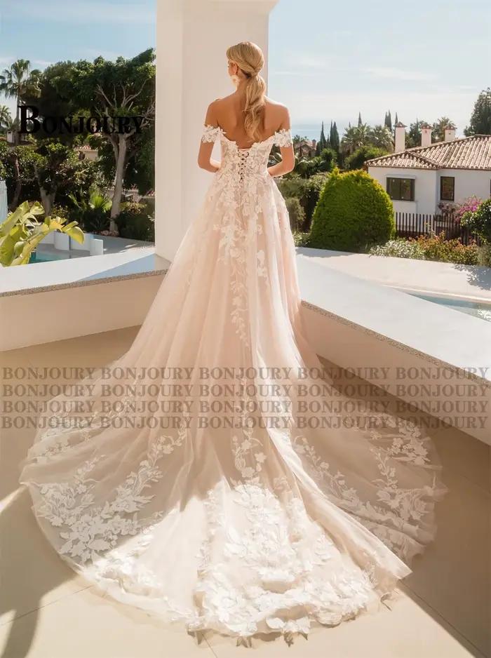 BONJOURY robes De mariée modernes pour femmes avec Appliques a-ligne hors De l'épaule à lacets Robe De soirée De Mariage personnalisé