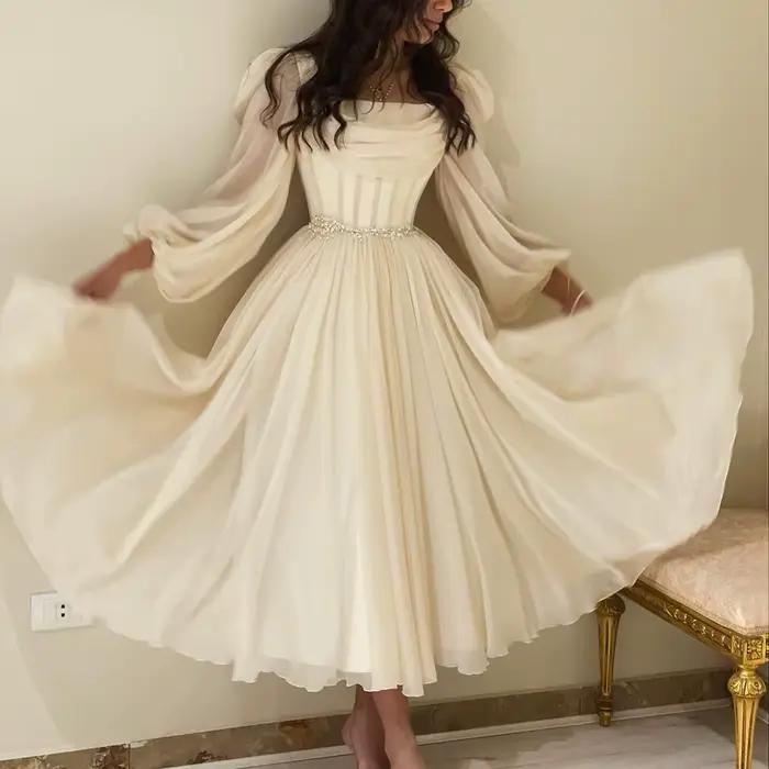 Sharon Said dubaï Beige robe de soirée courte avec ceinture manches longues thé longueur femmes robes