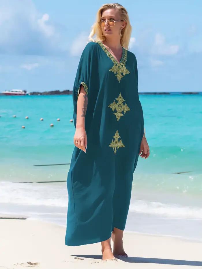 Robe caftan longue brodée dorée pour femmes