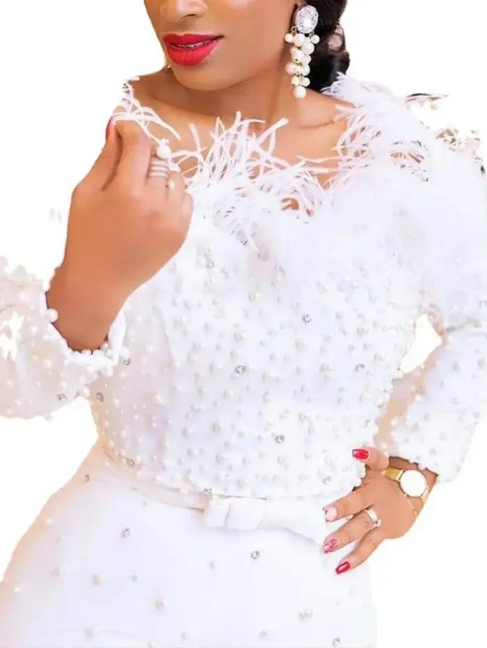 Robe de soirée longue en plumes blanches pour femmes