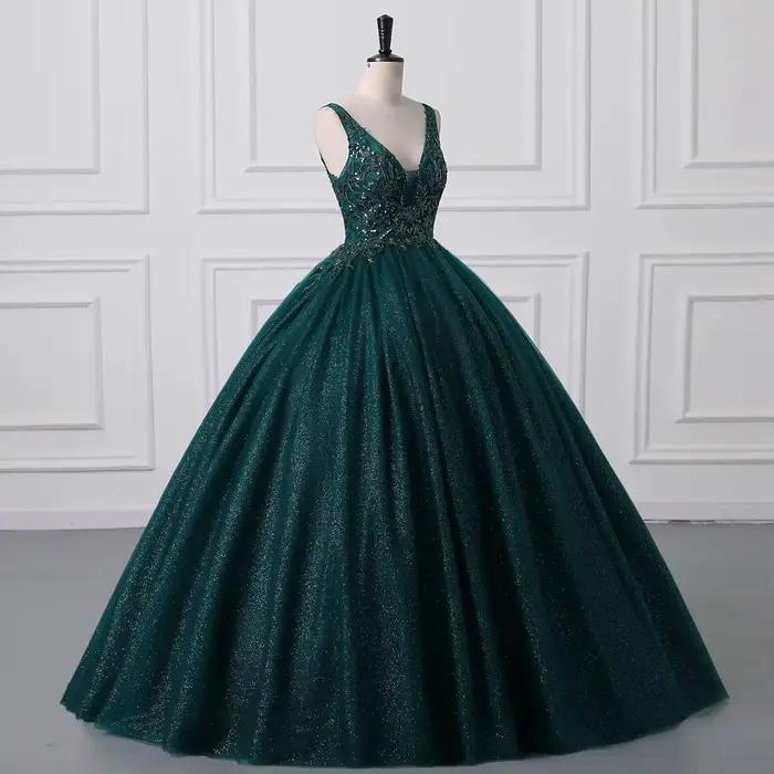 Robe de bal élégante vert foncé à col en V
