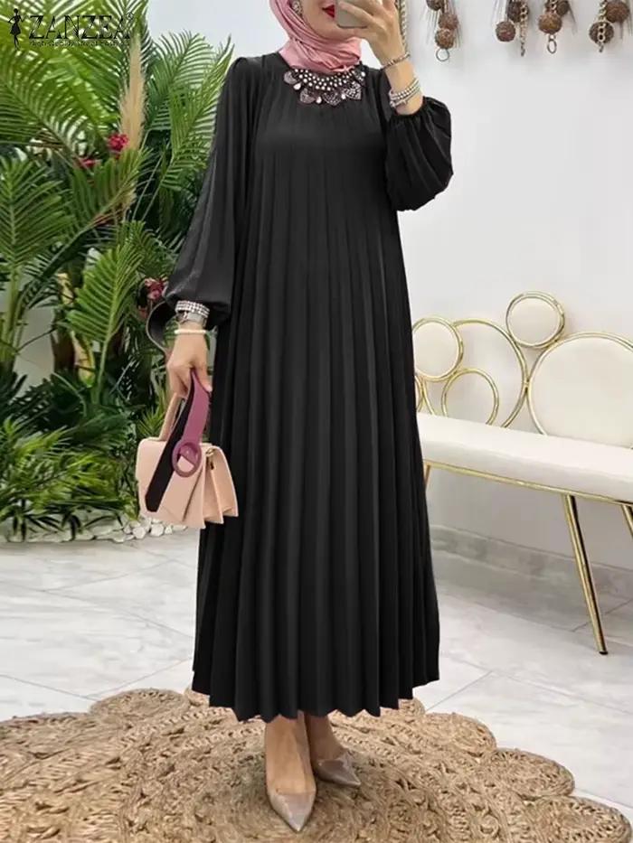 Robe d'été plissée à manches longues lanterne pour femmes musulmanes