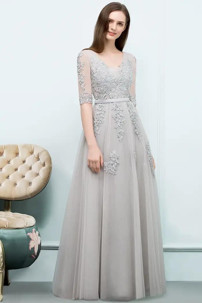 Robe de soirée élégante à manches mi-longues, appliques en dentelle, col en V, dos nu, silhouette Empire pour occasions spéciales et soirées officielles