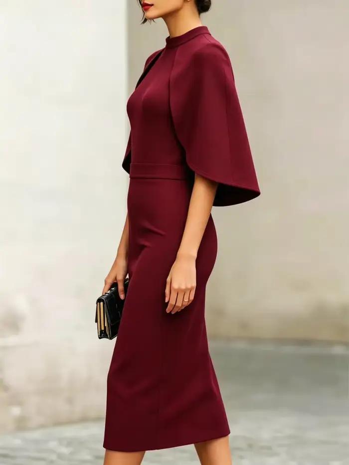 Robe midi élégante à col haut et manches cape ajustée pour femme