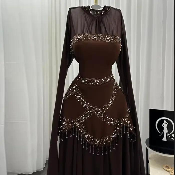 Robe de soirée formelle marron élégante avec perles et paillettes pour femmes, longueur au sol, soirée officielle, mariage, gala de charité