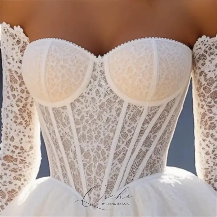 QICHE – robe de mariée trapèze courte en dentelle pour femmes