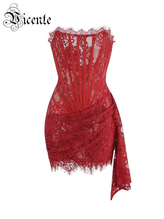 VC robe de noël pour femmes dentelle rouge Sexy bretelles sans manches mince dîner