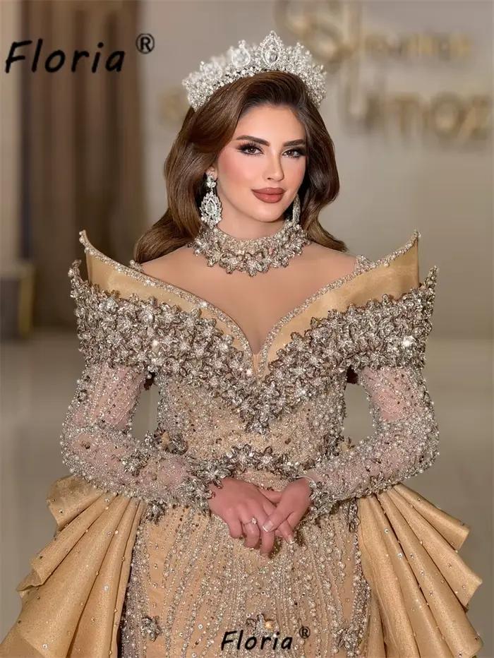 Robe de mariée sirène personnalisée en or de Dubaï avec traîne détachable et perles de cristal