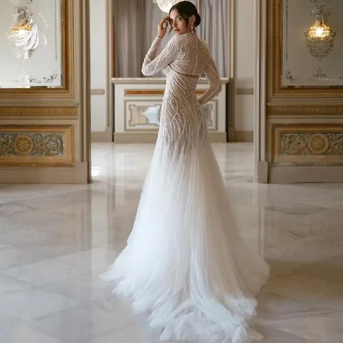 Robe de mariée personnalisée Sexy Illusion dentelle sirène longue avec élégant Tulle sans manches