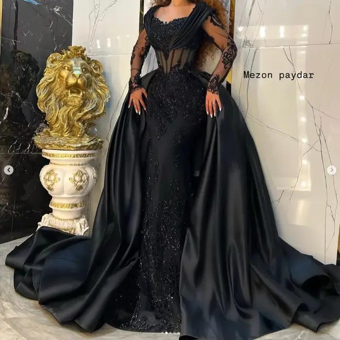 Robe sirène sirupeuse en microfibre satinée avec traîne détachable, appliques brillantes, baleines, manches longues pour occasions spéciales