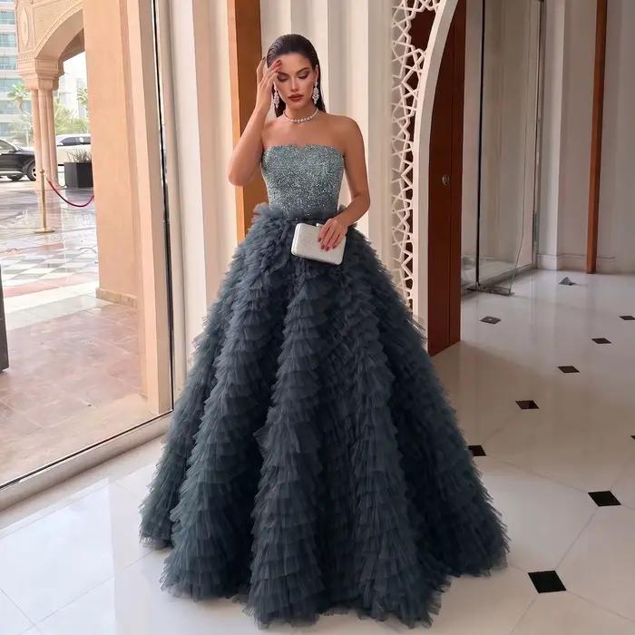 Robe Sharon Said en tulle bleu marine avec sequins et volants pour femmes occasions spéciales soirée officielle élégante à offrir