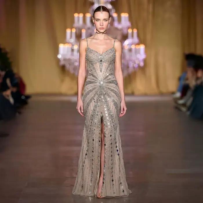 Robe de soirée Sharon Said Dubai Champagne à fines bretelles avec fente haute perlée شارون سعيد