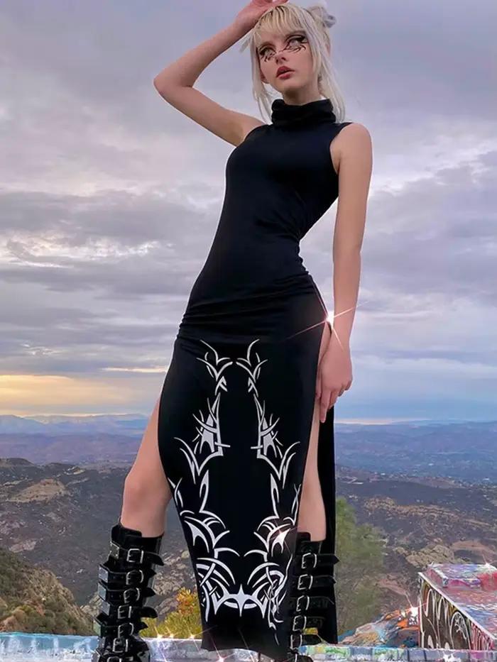 Robe longue gothique à imprimé noir avec col roulé pour femmes style harajuku occassions spéciales