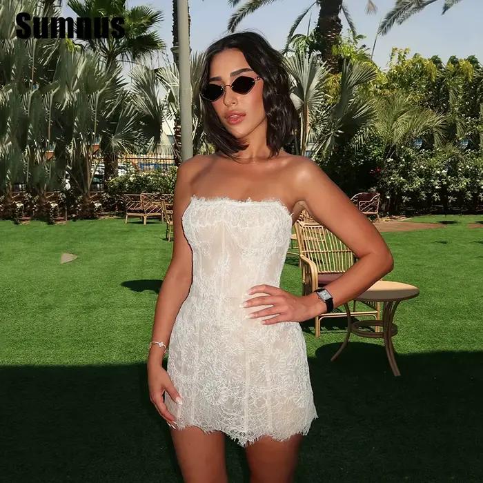 Sumnus Sexy bretelles dentelle robes De mariée plissé sans manches sirène courte robe De soirée De mariage Corest dos