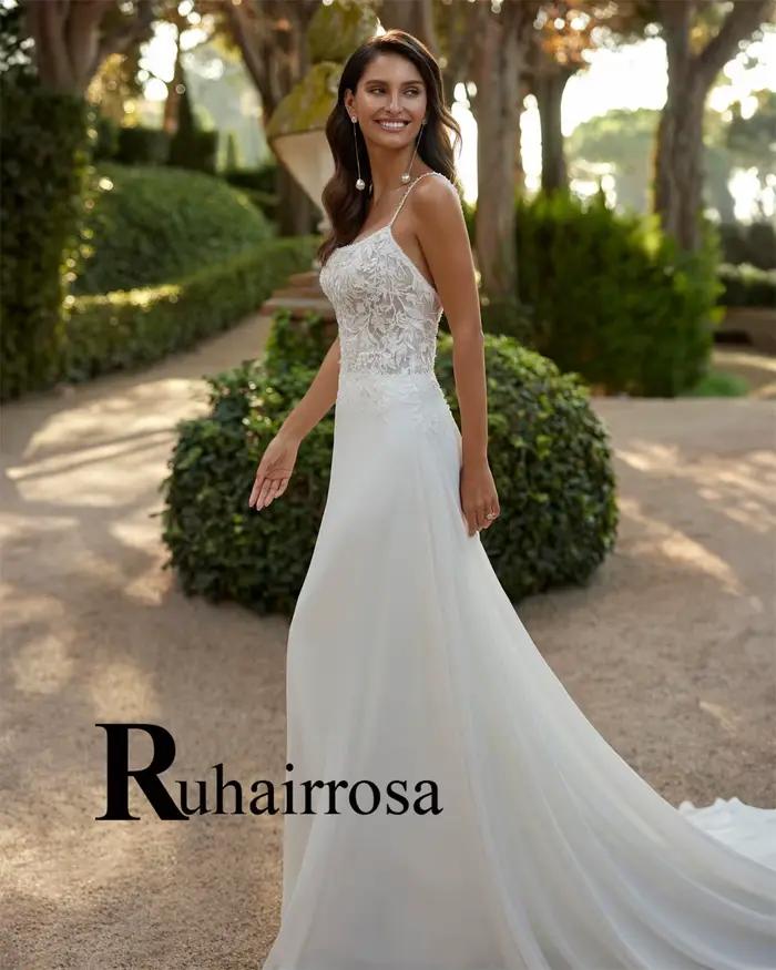Ruhair Vintage Robe De mariée en mousseline De soie pour les femmes Appliques encolure dégagée bretelles Spaghetti
