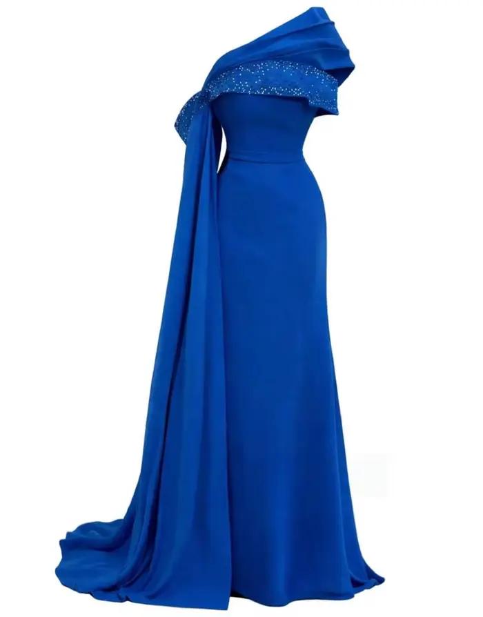Robe de soirée longue sur mesure en mousseline bleu roi