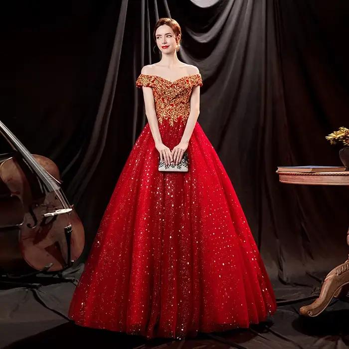 Robe de bal rouge mariée mariage Toast Solo scène Performance