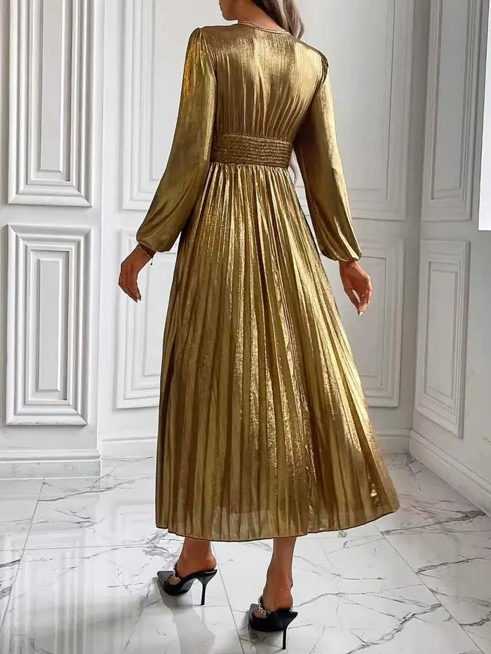 Robe longue en polyester et élasthanne élégante pour femmes, col en V, plissée, manches bouffantes, or, pour mariage, banquet, soirée festive