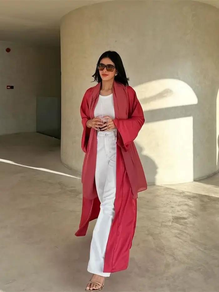 Abaya-Kimono en satin rose pour femmes