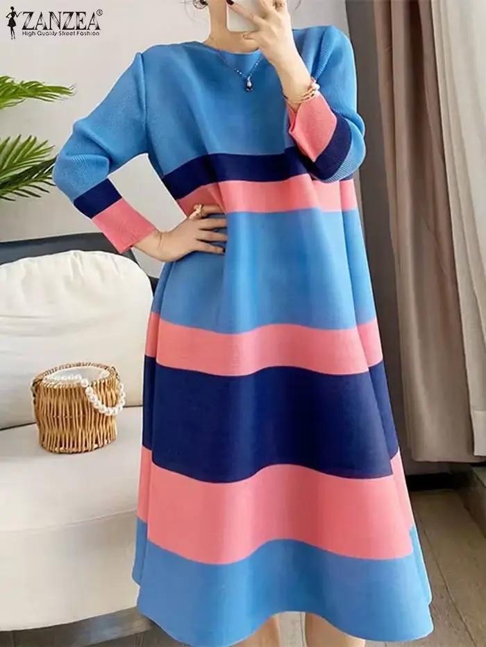 Robe mi-longue rayée à col rond pour femmes