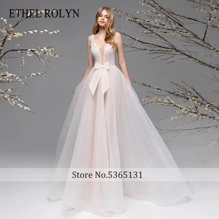 ETHEL ROLYN a-ligne robes De mariée pour femme avec nœud profond col en v Appliques scintillant Tulle robe