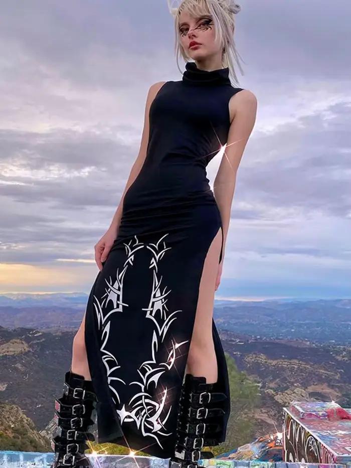 Robe longue gothique à imprimé noir avec col roulé pour femmes style harajuku occassions spéciales