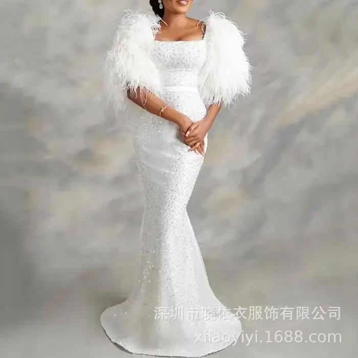 Robe longue en plumes taille haute pour femmes